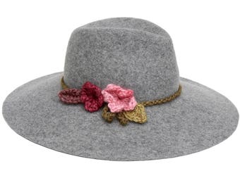 Hippie Boho Hat Wool Felt Fedora Hat Wide Brimmed Hat Gray Fedora Hat