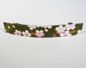 Cherry Blossoms French Barrette, Long Hair Clip, Large Chiyogami Barrette, Green
