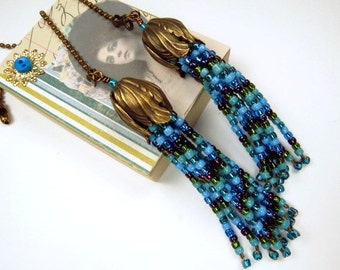 Fan Chain Pair for Ceiling Fan or Lamp with Turquoise Blue and Green Beaded Fringe and Antiqued Brass Color Findings