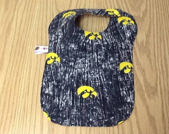 Hawkeyes baby bib, Iowa, Herky, football, reversible, bib, toddler bib, gender neutral, feeding, 6-18 months, cotton, batting, snap closure