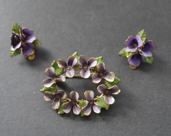 Painted enamel violets brooch and clip on earrings set