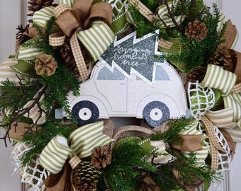 20% ANNIVERSARY SALE Bringing Home the Tree Burlap and Mesh Wreath with Pine Branches and Pine Cones; Green Beige Winter Holiday Wreath; Chr