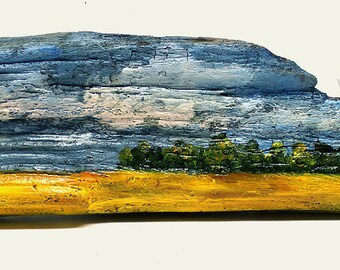 Landscape On Driftwood, Original Painting, Original Art, Driftwood Decor, Sculpture, Beach, Lake, Home Decor, Office Art, Gift, Trees, Sky