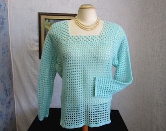 60s L Hand Crocheted Acrylic Pullover Sweater Aqua
