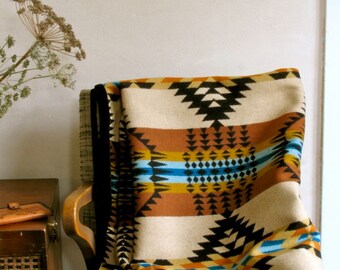 Wool Blanket in Gold Black Turquoise Rancho Arroyo Native Inspired Design