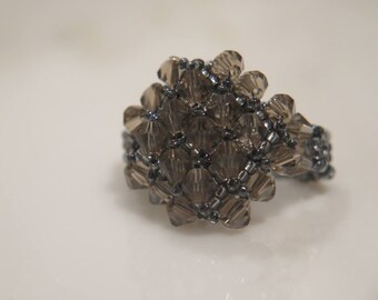 Beadwork Beaded Ring, Gray Beaded Ring, Glass Crystal Ring, Non Metal Ring Jewelry, Size 8 Ring, Large Ring Size, Gift For Her, OOAK