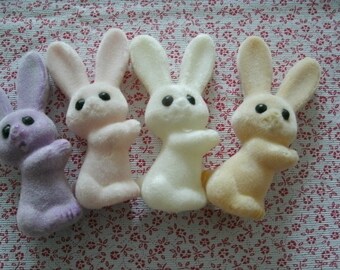 7 FLOCKED BUNNIES vintage soft 3 colors 3 1/2" pastel decoration
