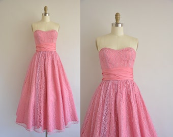 vintage 1950s dress rosy pink lace party dress. 50s strapless dress