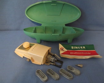 Vintage 1960 Singer Sewing Machine Buttonholer in Green Jetson Case