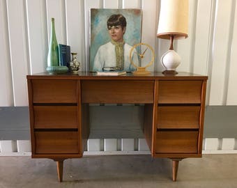 DESK Midcentury Danish Modern c1960s Vintage Retro Johnson-Carper Credenza Walnut Wood Body Formica Top Six Drawer