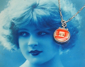 Antique China BUTTON necklace, Victorian stencil with red on sterling chain. One-of-a-kind button jewellery.