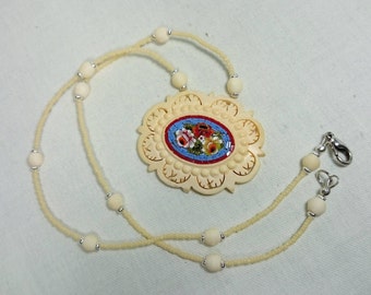 Vintage Celluloid Micro Mosaic Italian Pendant Necklace