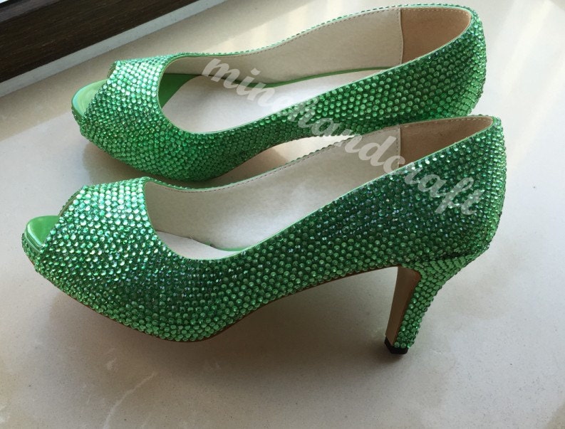 Green Women Shoes Bright Green Crystal Low Heels Custom