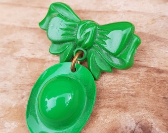 Vintage Green Celluloid Hat Bow Brooch Pin Costume Jewellery Retro 1940s Hat Brooch Green Hat Green Brooch Vintage Pin Celluloid Jewelry