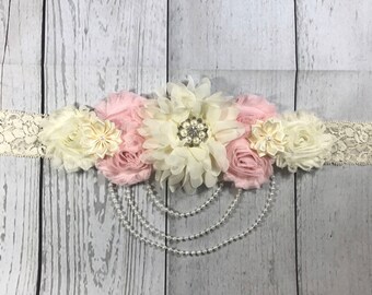 Pink and Cream Lace and Pearls Maternity Sash - Pregnancy Sash - Baby Shower Sash - Girl Sash - Boy Sash - Lace Sash - Vintage Sash - Belt