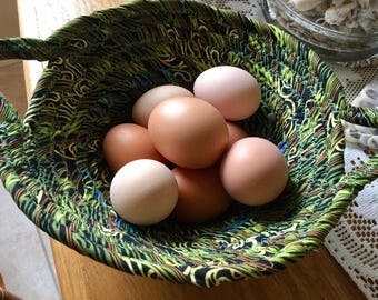 Handmade Chicken Egg Collecting Basket, Coiled Fabric Cotton Batik Basket or Bowl - Green - Chicken Egg Collection
