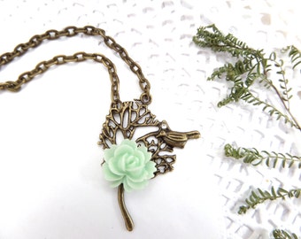 Mint Bird Necklace Homecoming Jewelry Bronze Tree Necklace Bird Pendant Sparrow Jewelry Whimsical Necklace Wild Rose Necklace Shabby Jewelry