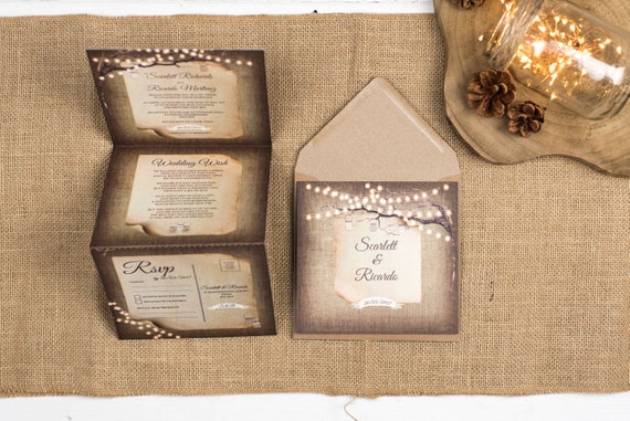 Rustic Wedding Invitation - Double-Folded Rustic Lights (portrait)