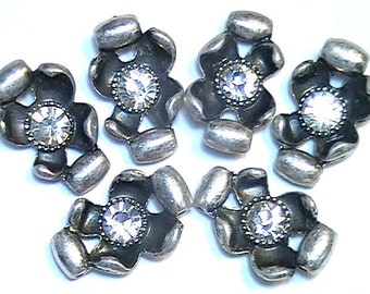 Six 2 Hole Slider Beads Dogwood Curled Petal Flowers With 6.5mm Clear Crystals Antiqued Silver Plated Garden Botanical Rhinestone Floral