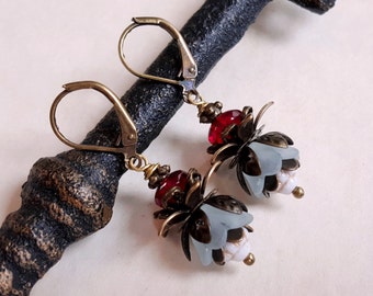 Powder blue lucite flower earrings Czech glass cottage chic earrings