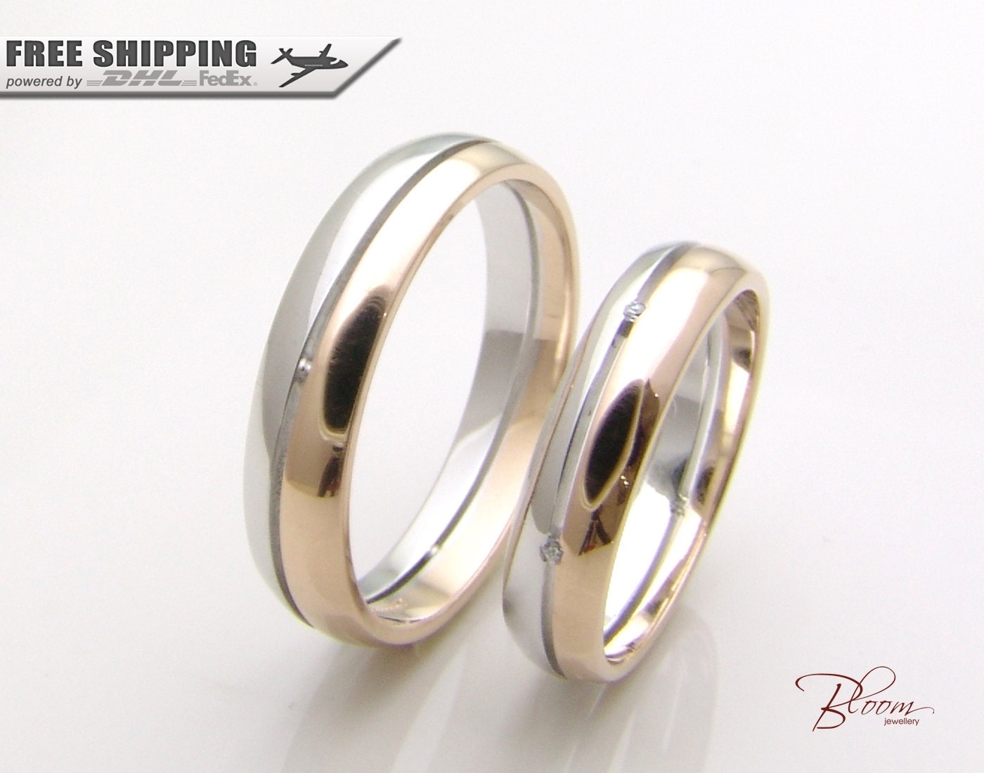Unique Wedding Rings 14K Gold Couples Ring Set Two Tone Couple