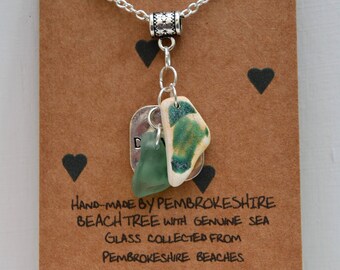 Silver necklace with sea glass and sea pottery pendant