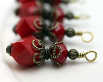 Vintge Style Ruby Red Twisted Helix Crystal with Brass Bead Dangle Charm Drop Set - Earring Dangle, Charm, Drop, Pendant