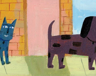 Cat & Dog on Sidewalk