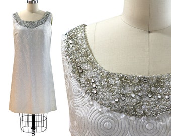 Vintage 1960s Silver Geometric Brocade Shift Dress with Beaded Neckline / Size M / Medium