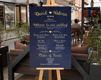 Bridal Party Poster, Choose a Seat Not a Side Sign, Wedding Program Poster, Navy Blue and Gold starry night CUSTOM Printable