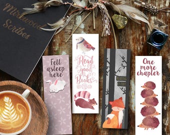 Woodland Animals Bookmarks, Instant Download Printable Set of 4 Cute Critters Bookmarks, Bunny, Hedgehog, Squirrel and Bird Bookmarks