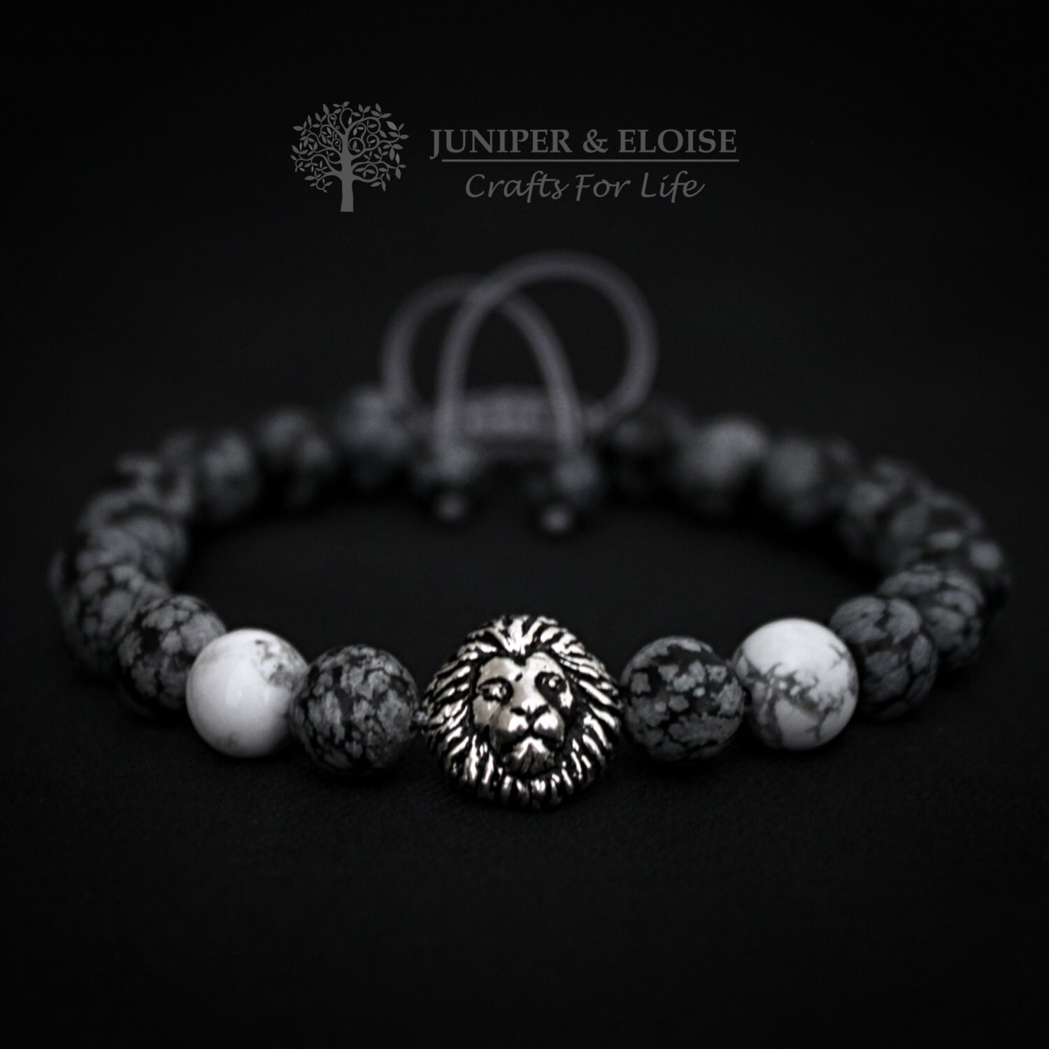 Lion Bracelet Mens Bracelet 8 mm Snowflake Obsidian Beads