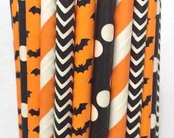 2.85 US Shipping -Halloween Paper Straws- Halloween Straws - Cake Pop Sticks - Drinking Straws - Orange and Black