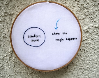 The MAGIC happens outside of your comfort zone - Inspirational Quote - Embroidery Hoop Wall Art