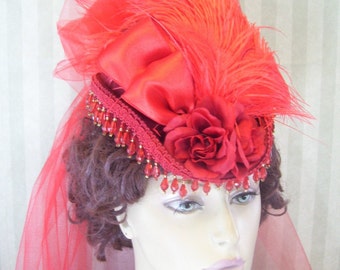 Red Society Hat Victorian Hat Steampunk Hat Kentucky Derby Hat Mini Riding Hat Wedding Hat Mini Top Hat By Ms.Purdy