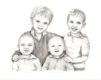 3 Person Custom Pencil Portrait Drawing from Photo Family