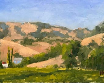 California Landscape Original Painting Plein Air Home Decor Wall Art BLUE HOUSE Fairfield Suisun Valley Back Road Vines Vineyard Winery USA