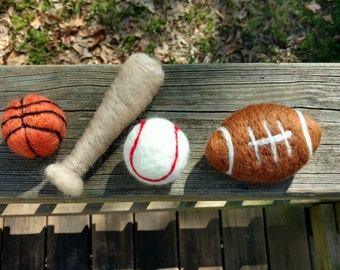Felted sports set, felted football, felted baseball, felted basketball, Newborn felted prop