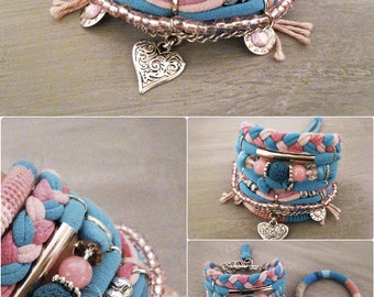 Layering Bracelets Pink Blue, Gypsy Bracelet Set Bohemian Style Hippie Jewelry T-shirt Yarn Bracelet Heart Charm