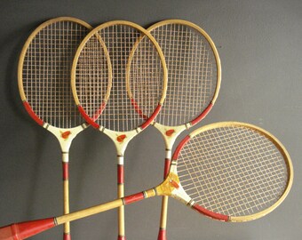 Here Birdie, Birdie - Vintage Badminton Racquets - Four Red Rackets - 4 Wooden Racquets