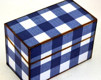 Wood Recipe Box Dark Blue and White Plaid Fits 4x6 Cards