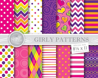 GIRLY PATTERNS Digital Paper Downloads / Digital Downloads / Pink Purple Digital Paper Patterns / 8 1/2 x 11 Printable Scrapbook Paper