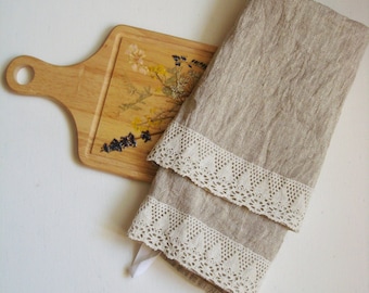 Linen kitchen towels with lace trim tea towel dish towels stonewashed hand towel by Luxoteks