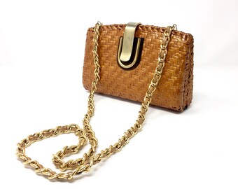 Clutch bag Vintage wicker straw raffia with chain shoulder strap with braided leather