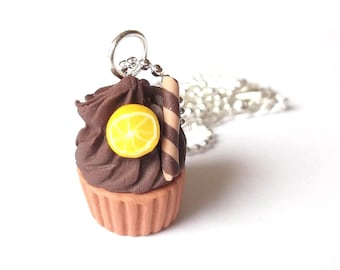 Cupcake Necklace ( cupcake funky jewelry polymer clay miniature food chocolate food jewelry food necklace lemon cinnamon cupcake pendant )