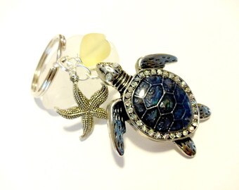 Sea Turtle Keychain, Sea Turtle Car Accessories, Blue and Yellow Key Chain, Seaglass Keychain, Wire Wrapped Beach Keychain, Turtle Gifts