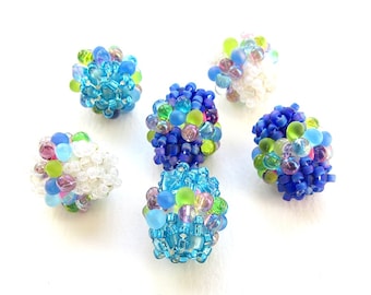 Bubbly Blue Barrels, Set of Six Beaded Beads, Peyote Stitch With Multicoloured Embellishment, 17mm x 15mm