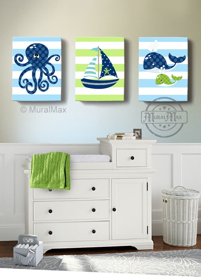Nautical Boy Nursery Decor Sailboat Octopus Whale Canvas Art
