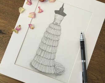 Custom wedding dress / bridal gown illustration. Wedding gift, one year paper anniversary, bride portrait. ***Introductory Prices***