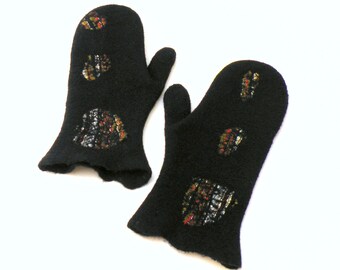 Felted wool mittens, black mittens, winter gloves, warm wool mittens, woman mittens, soft merino wool mittens, arm warmers, stylish mittens